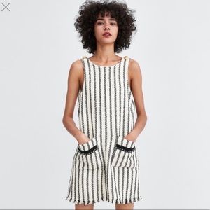 ZARA WOMEN TEXTURED TWEED WEAVE PINAFORE DRESS WITH POCKETS black white dress M